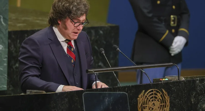 El presidente Javier Milei, durante su discurso en The Economic Club en Nueva York.&nbsp;