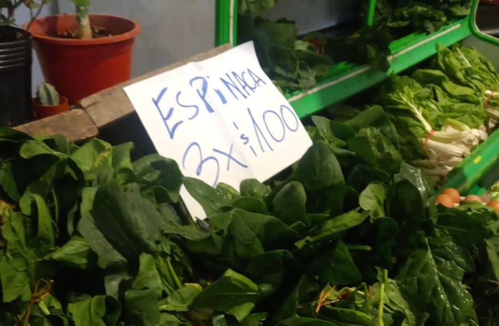 Frutas y verduras: espinaca de oferta en La Feria de la UAM.