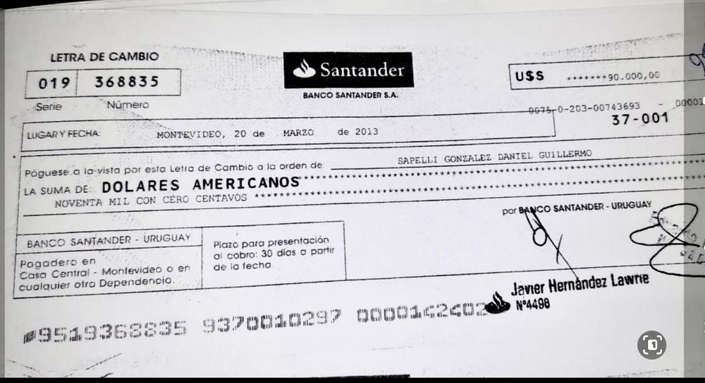 Letra de cambio de Santander por US$ 90.000