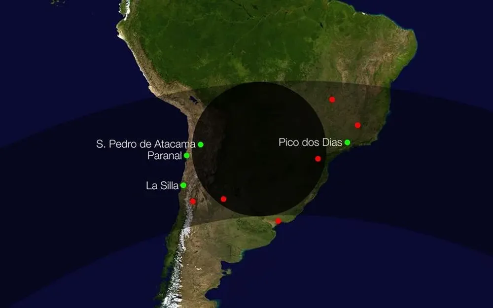 Diagrama facilitado por el Observatorio Europeo Austral que muestra el camino que de la sombra del planeta Makemake