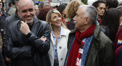 La ministra Yolanda Díaz con líderes sindicales.&nbsp;