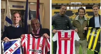 El presidente de Sunderland de Inglaterra, Kyril Louis-Dreyfus, junto a José Fuentes de Nacional e Ignacio Ruglio de Peñarol, y Juan Sartori