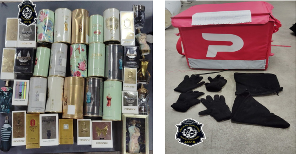 Perfumes incautados a los dos j&oacute;venes detenidos por el robo pira&ntilde;a al Montevideo Shopping
