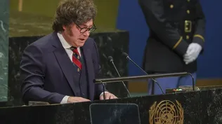 El presidente Javier Milei, durante su discurso en The Economic Club en Nueva York.&nbsp;