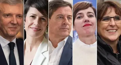 De izquierda a derecha: Alfonso Rueda (PP), Ana Pontón (BNG), José Ramón Gómez Besteiro (PSdeG), Marta Lois (Sumar) e Isabel Faraldo (Podemos)