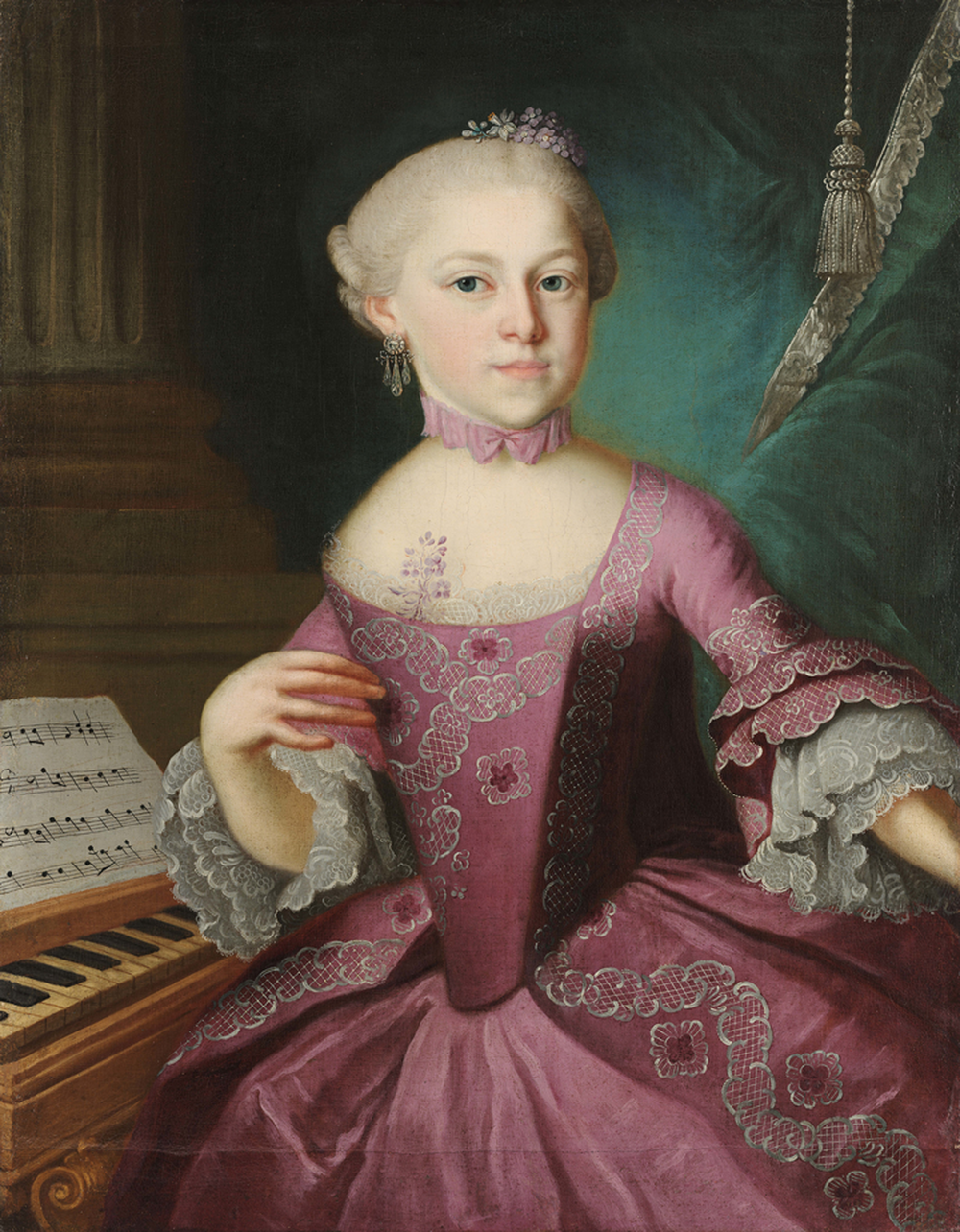 En esta pintura del artista Pietro Antonio Lorenzoni se ve a Nannerl en 1763.