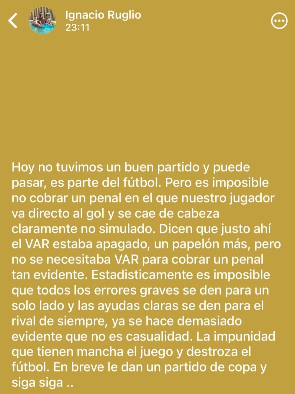 El estado de Ignacio Ruglio por la jugada en que se reclamó penal a Gastón Togni 