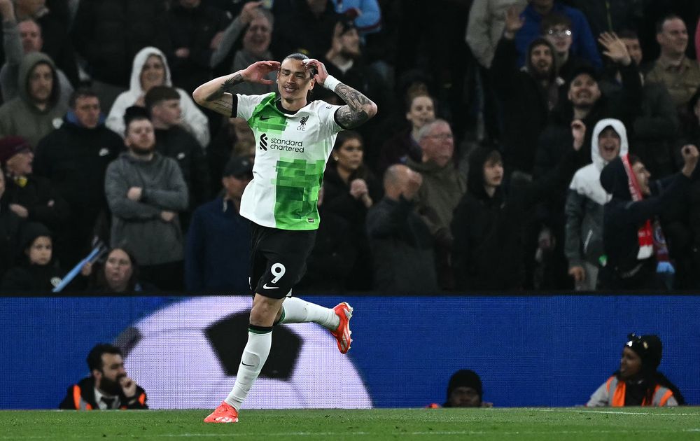 Liverpools Uruguayan striker #09 Darwin Núñez reacts after being caught offside during the English Premier League football match between Aston Villa and Liverpool at Villa Park in Birmingham, central England on May 13, 2024. Ben Stansall / AFP