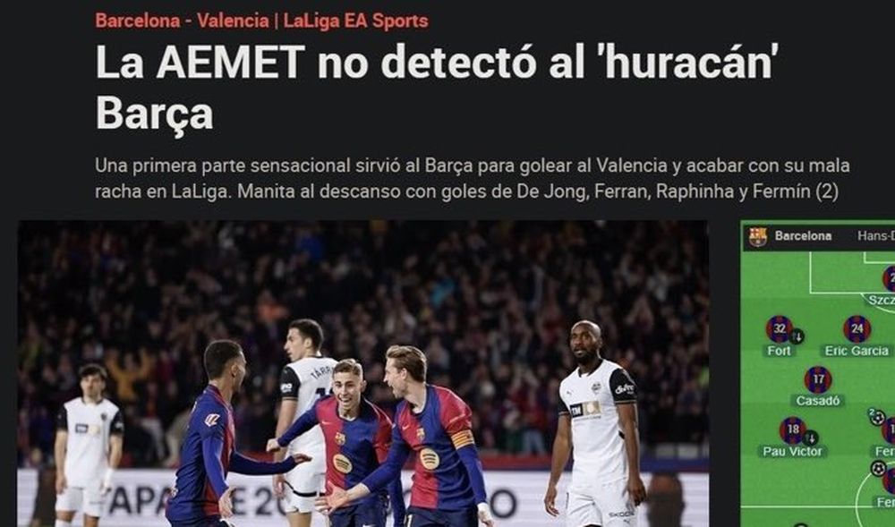El titular que asocia la goleada del Barcelona al Valencia con la DANA.&nbsp;