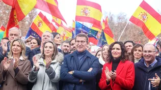 La secretaria general del PP, Cuca Gamarra, el presidente del Partido Popular, Alberto Núñez Feijóo, la presidenta de la Comunidad de Madrid, Isabel Díaz Ayuso, y el portavoz del PP en el Congreso, Miguel Tellado, durante un acto del PP contra la amnistía, en el Templo de Debod.