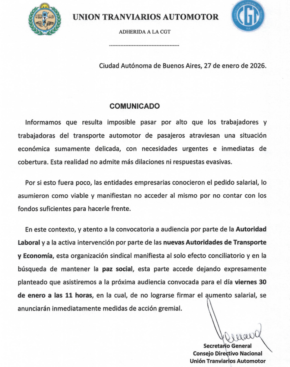 Comunicado UTA - Viernes 27 de enero de 2026 Comunicado UTA - Viernes 27 de enero de 2026