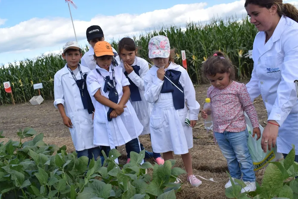Escolares en el área de ensayos de cultivos.
