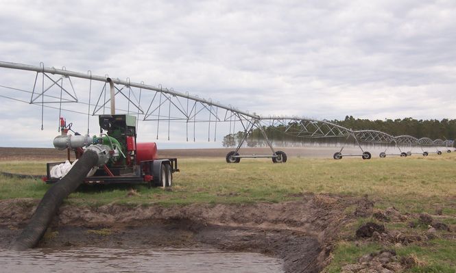 Riego en campos con sistemas agrícolas y ganaderos.