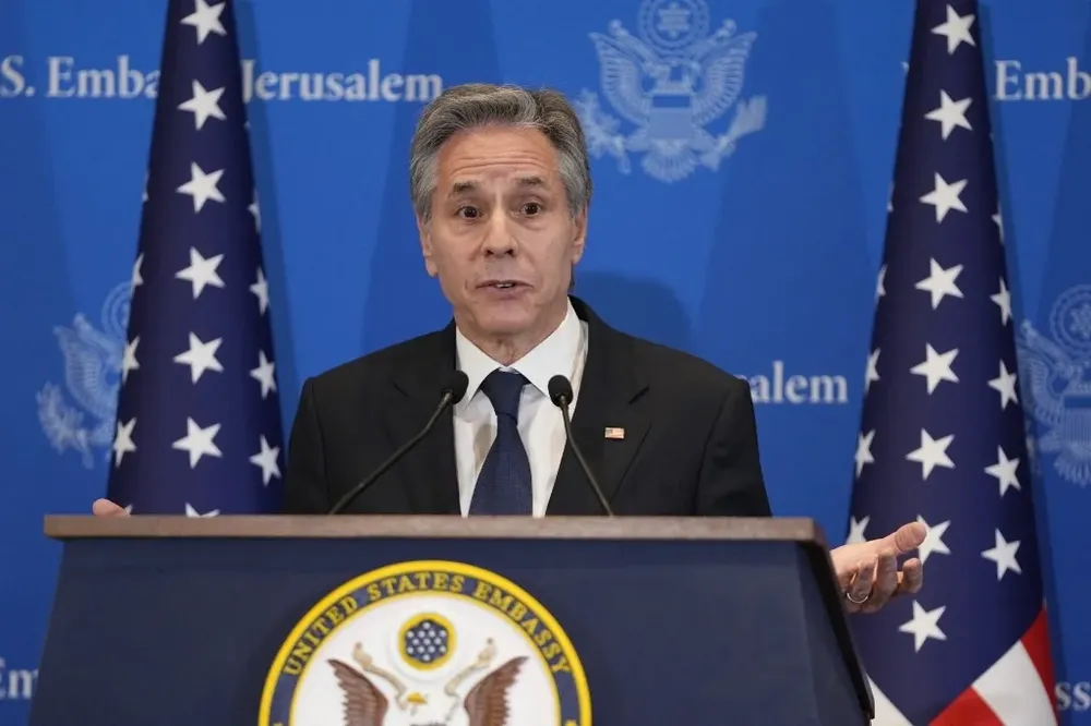 El secretario de Estado Antony Blinken en la conferencia de prensa en Tel Aviv.