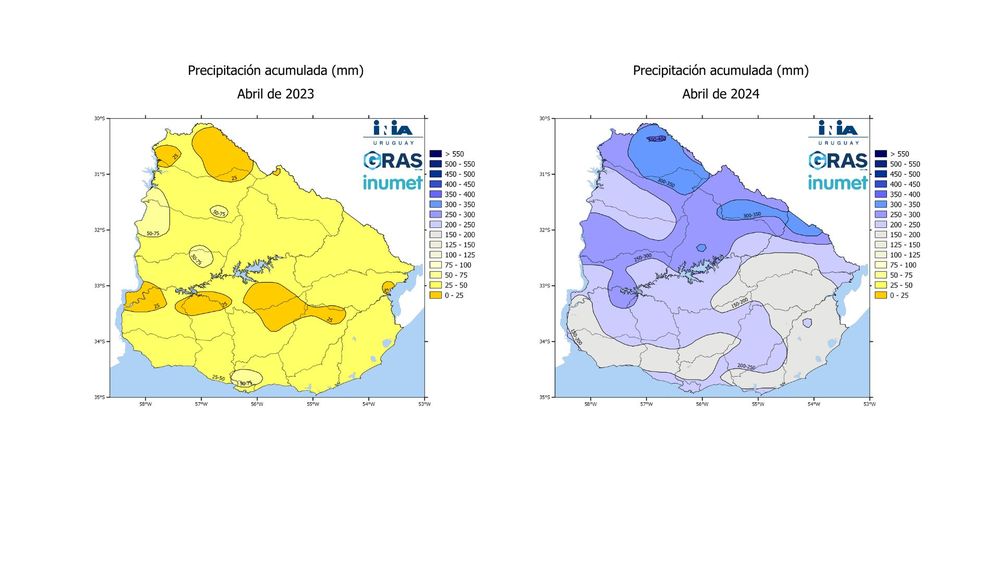 INIA: mapas bien diferentes en abril de 2023 y en abril de 2024.