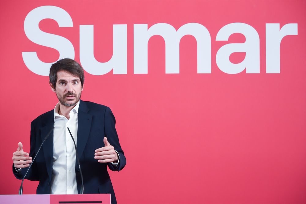 El portavoz de Sumar, Ernest Urtasun, durante una rueda de prensa, en Espacio Rastro, a 20 de mayo de 2024, en Madrid