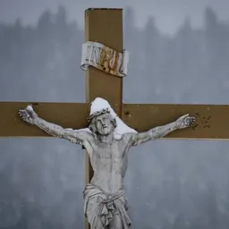 Un crucifijo cubierto por nieve fuera de una iglesia en Mouthe, Francia.