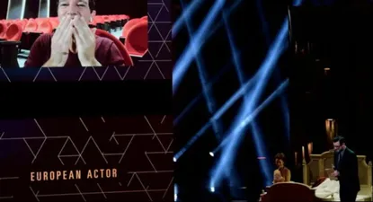 Una pantalla en la gala de los Premios EFA con Antonio Banderas agradeciendo su premio desde Málaga. (Archivo)