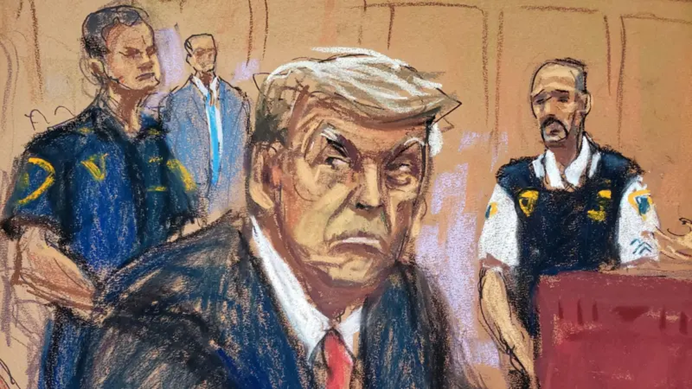 Ilustración de Donald Trump durante el juicio por el pago de dinero a la estrella porno Stormy Daniels.