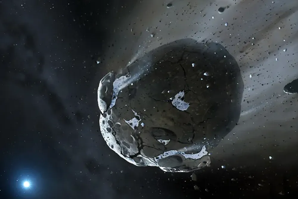 Concepto artístico del asteroide rico en agua siendo lanzado por la fuerte gravedad de la estrella enana blanca GD 61