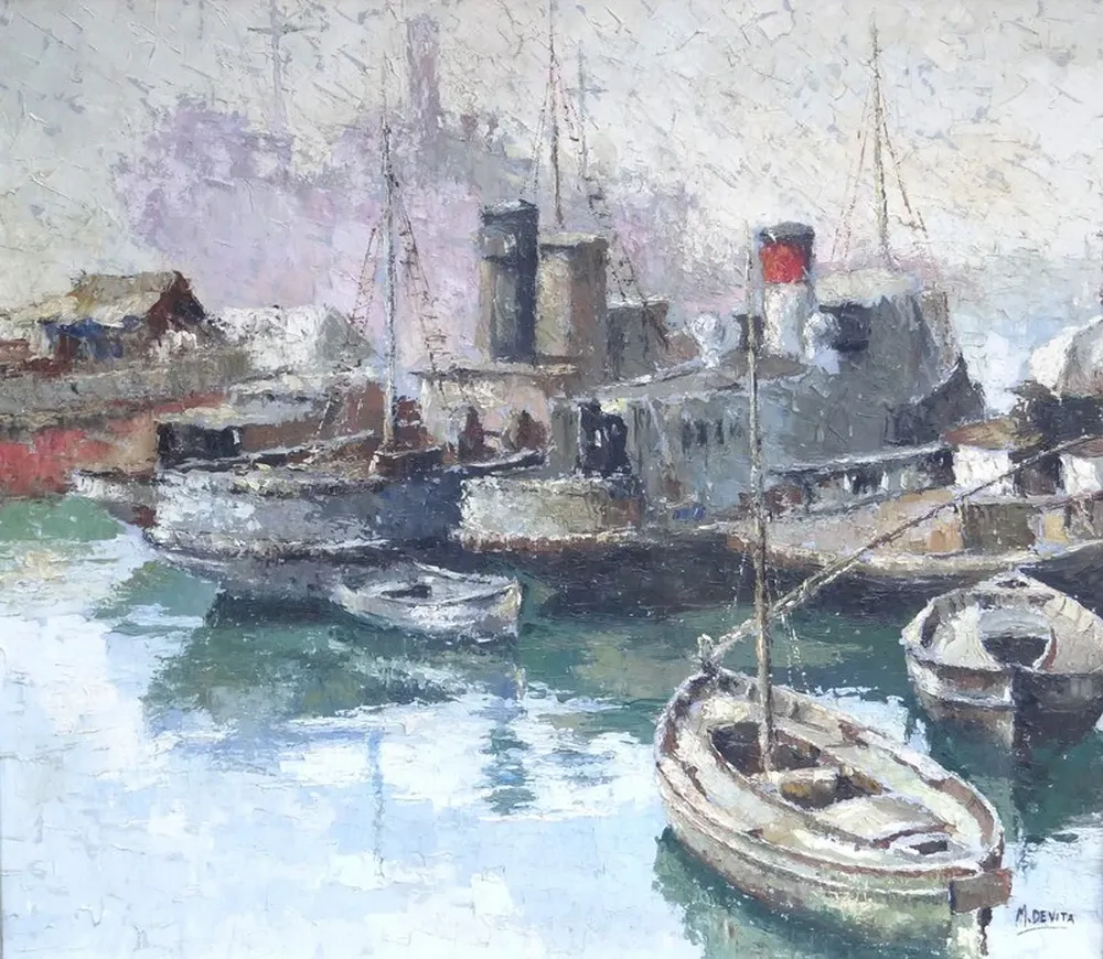 Puerto, un óleo sobre tela firmado por el pintor Miguel De Vita.