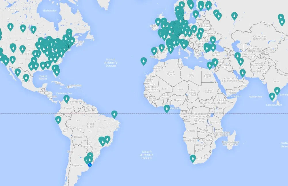Un mapa con todos los baños publicados hasta el momento en todo el mundo