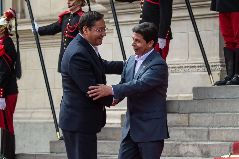 El presidente de Bolivia, Luis Arce, y el presidente de Perú, Pedro Castillo en el Palacio de Gobierno de Perú en Lima