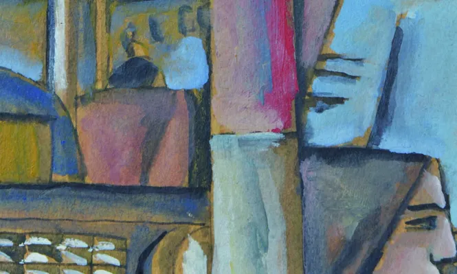 Escena de ciudad constructiva, una témpera sobre fibra del pintor Adolfo Nigro