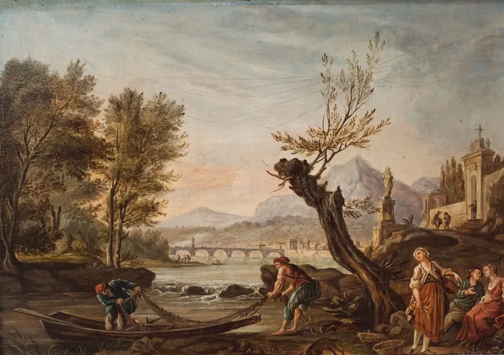 Escena con pescadores, un óleo sobre tabla del pintor francés Pierre Antoine Demachy