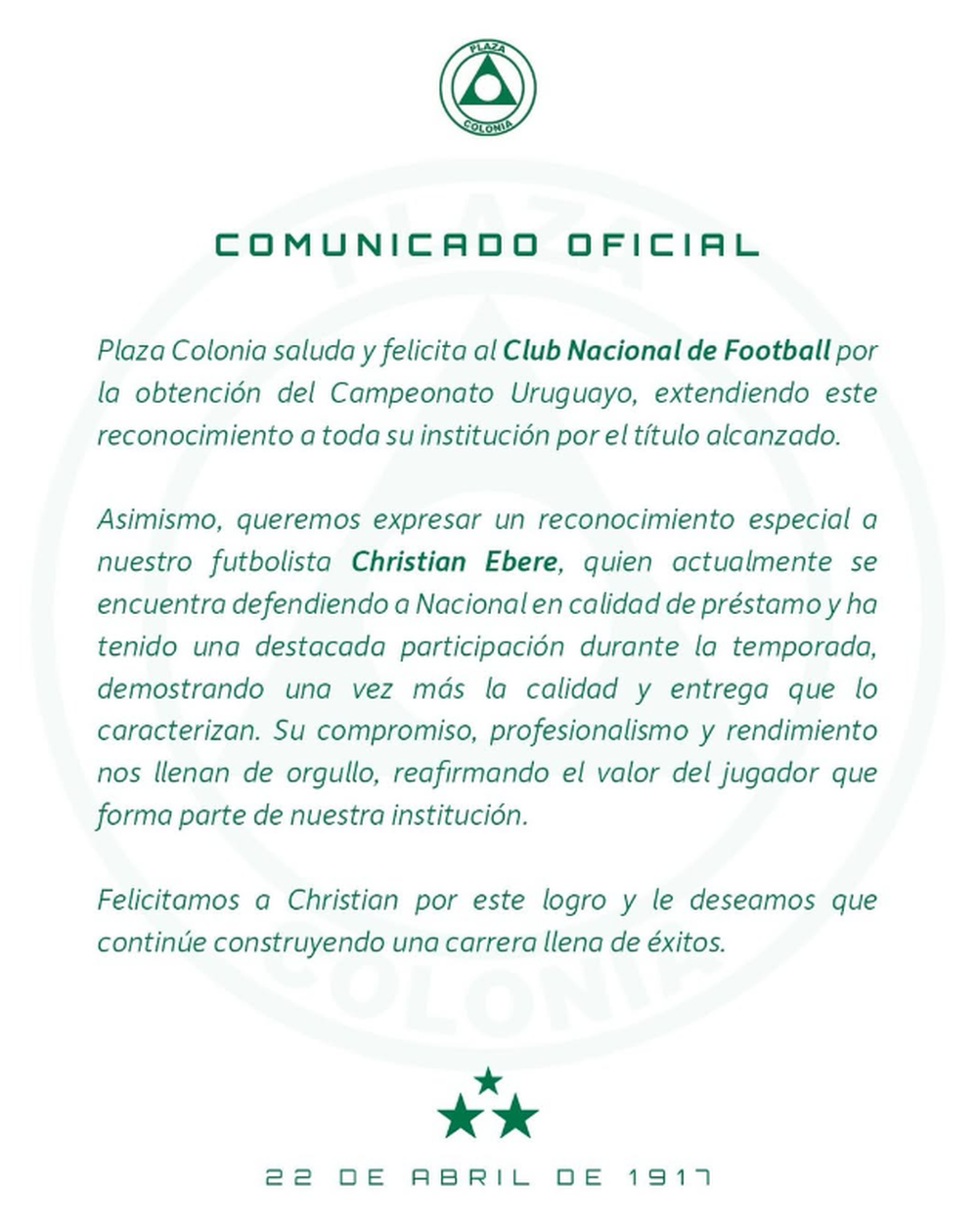 El comunicado de Plaza Colonia