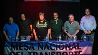 Raúl Durdos, Juan Pablo Brey, Pablo Moyano, Omar Maturano, Juan Carlos Schmid y Pablo Biró, en la conferencia de prensa de la Mesa Nacional del Transporte antes del paro que desafió a la CGT.&nbsp;