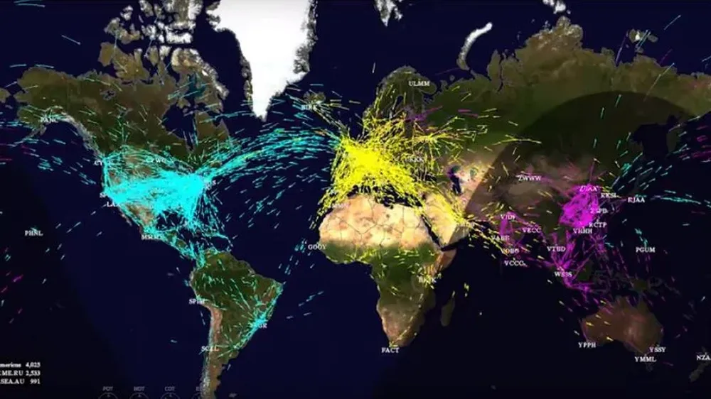 Este mapa del sistema FACENT de la NASA muestra la congestión del tráfico aéreo mundial.
