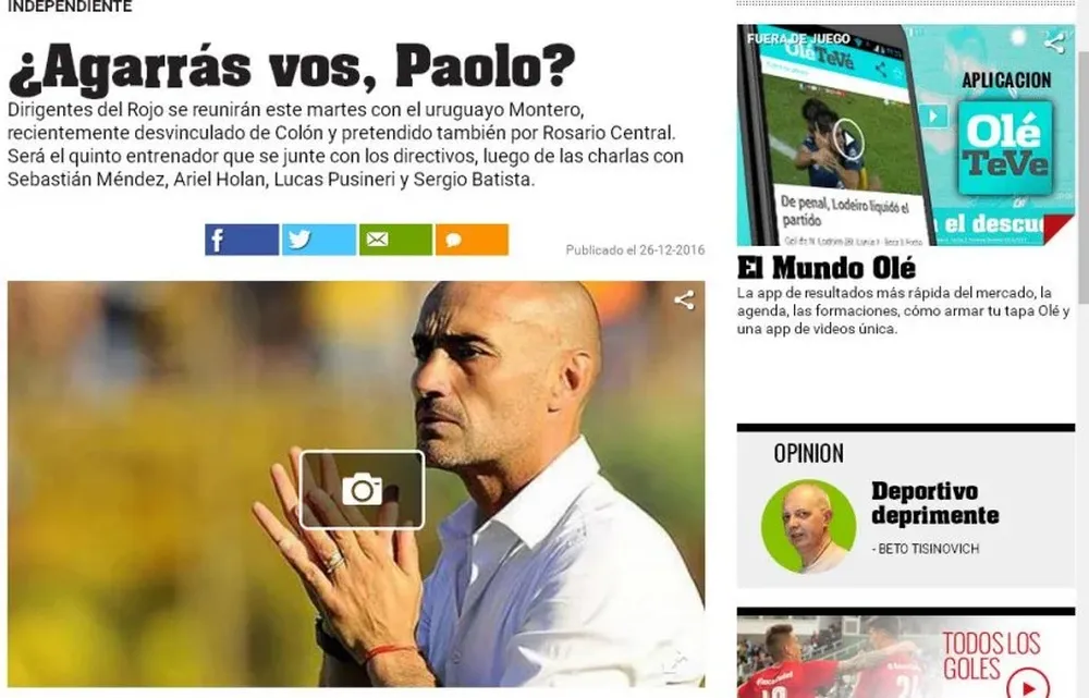 Así informa Olé el interés de Independiente por Paolo