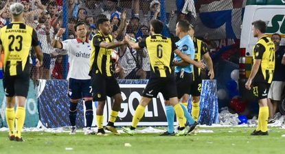 Maximiliano Olivera le entrega al árbitro Ostojich una petaca de vidrio que cayó desde la tribuna cuando el lateral aurinegro intentaba reponer un lateral