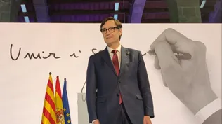 El candidato del PSC a la Presidencia de la Generalitat, Salvador Illa, en la conferencia Unir i servir.