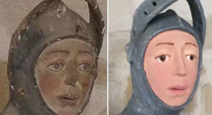 La escultura de San Jorge, antes y después de su intento de nullrestauraciónnull.