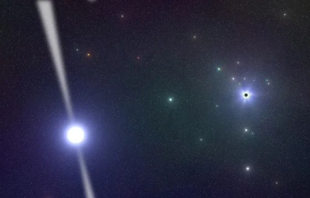 Impresión artística de PSR J1745-2900, un pulsar cuyo campo magnético es vecino a la fuente central de la Vía Láctea, un agujero negro supermasivo de unas 4 millones de veces la masa del Sol