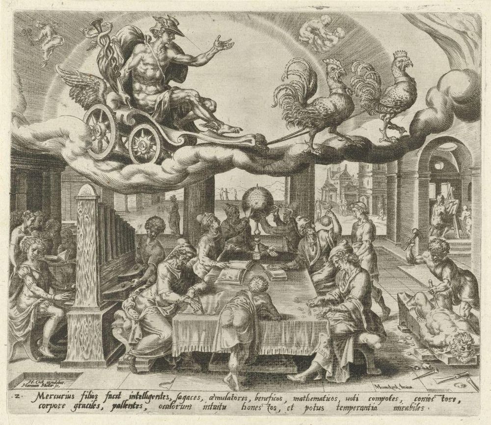 Una representación del siglo XVI de Mercurio viajando en su carroza en el cielo, tirado por dos gallos.
