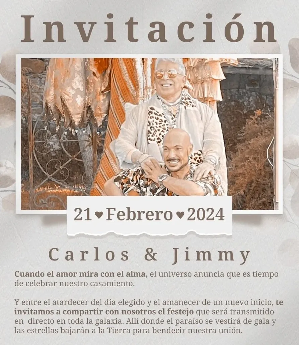 La invitación para el casamiento de Carlos Perciavalle y Jimmy Castilhos