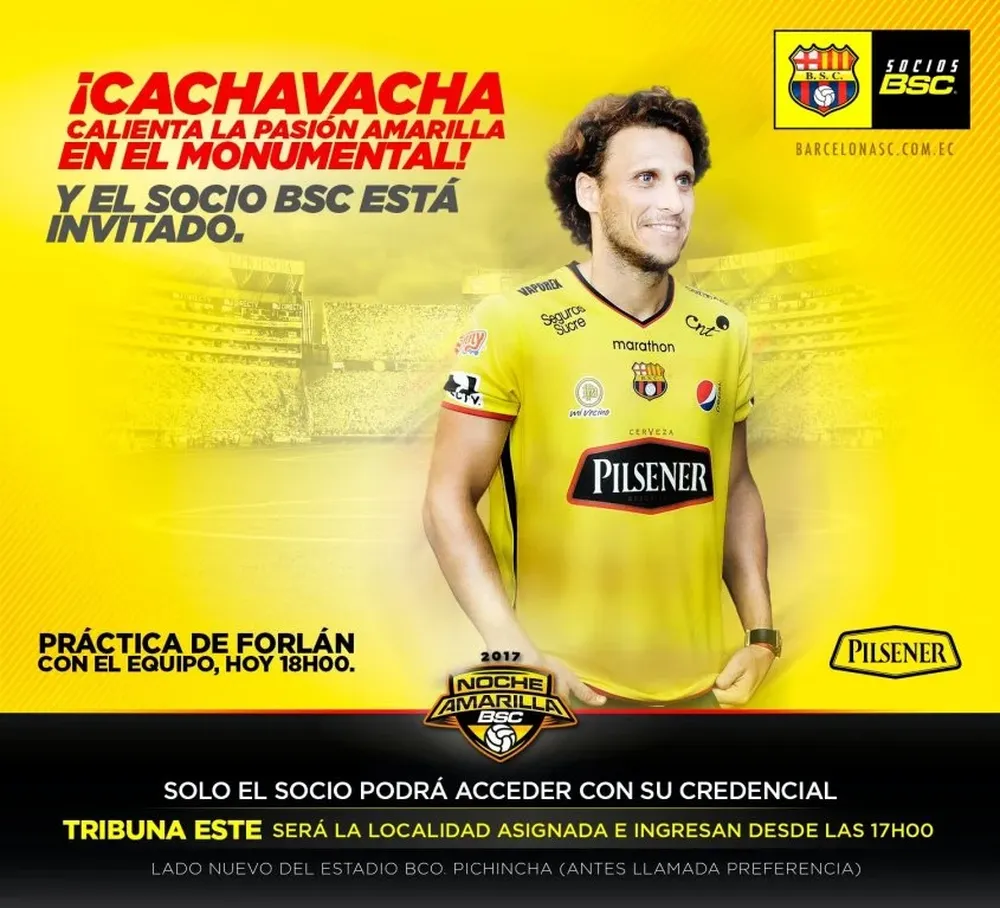 Forlán será la figura de la Noche Amarilla 2017