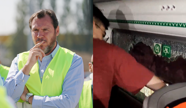 A la izquierda el ministro de Transportes, Óscar Puente, y a la derecha el usuario de Renfe que ha roto las ventanas ante el calor tras una avería.