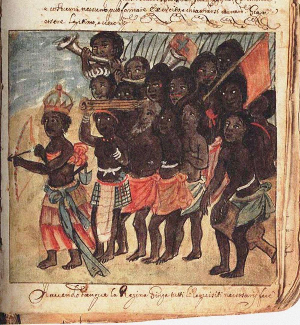 Una ilustración de la reina Nzinga en su rol de líder militar encontrada en la colección de la Biblioteca Universitaria Estense de Módena, Italia.
