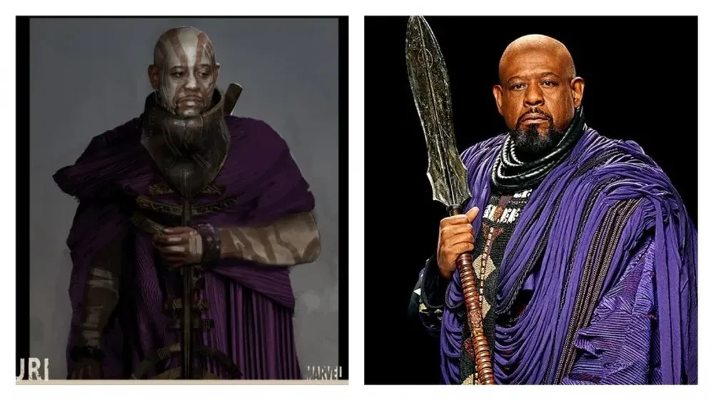 El consejero encarnado por Forest Whitaker recurre al violeta, un color asociado al poder. Su chaqueta se inspira en la vestimenta japonesa y en la nigeriana.