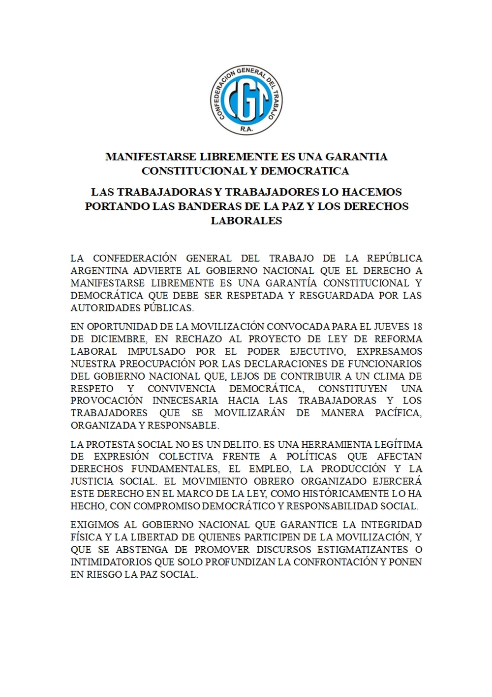 Comunicado de la CGT 
