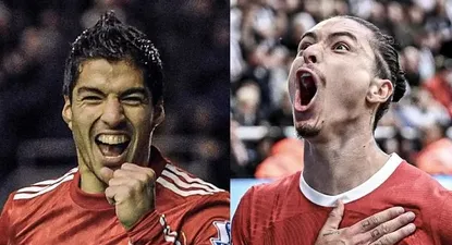 Luis Suárez y Darwin Núñez con la camiseta de Liverpool