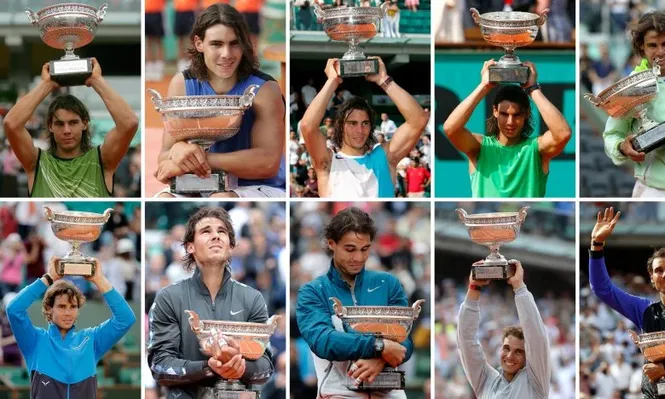 Nadal con sus trofeos de Roland Garros: 2005, 2006, 2007, 2008, 2010, 2011, 2012, 2013, 2014 y 2017.