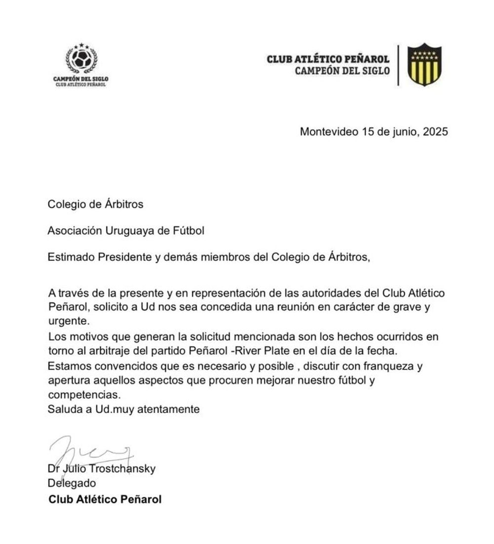 El pedido de Peñarol al Colegio de Árbitros El pedido de Peñarol al Colegio de Árbitros