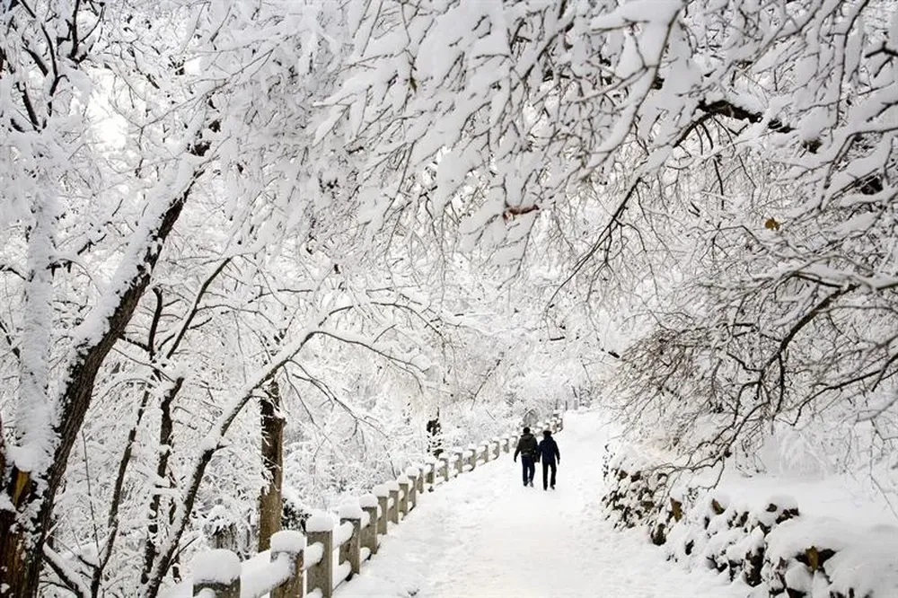 China- Dos personas pasean por un paisaje nevado en el noreste de la provincia de Jilin