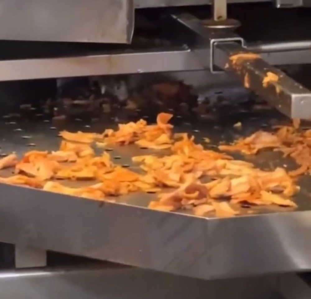 Un roedor camina entre las fetas de carne en el kebab clausurado.