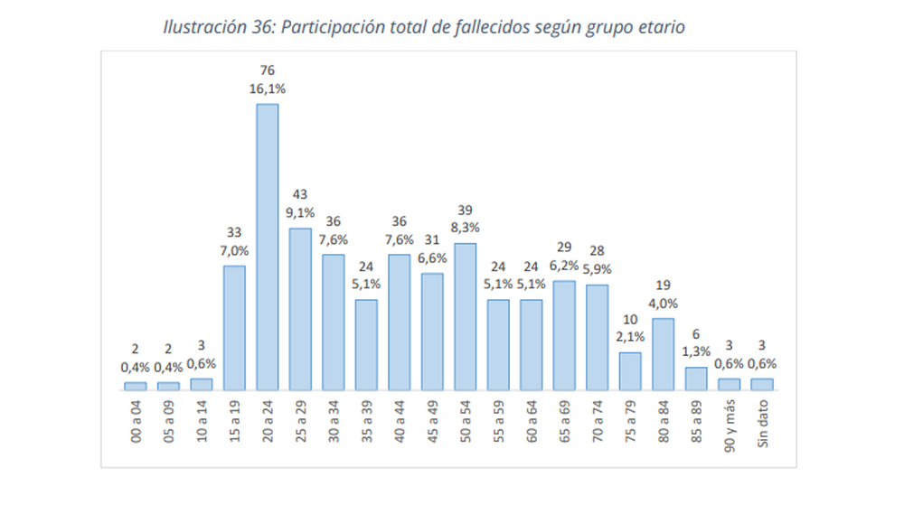 Participación total de fallecidos según grupo etario en 2025  